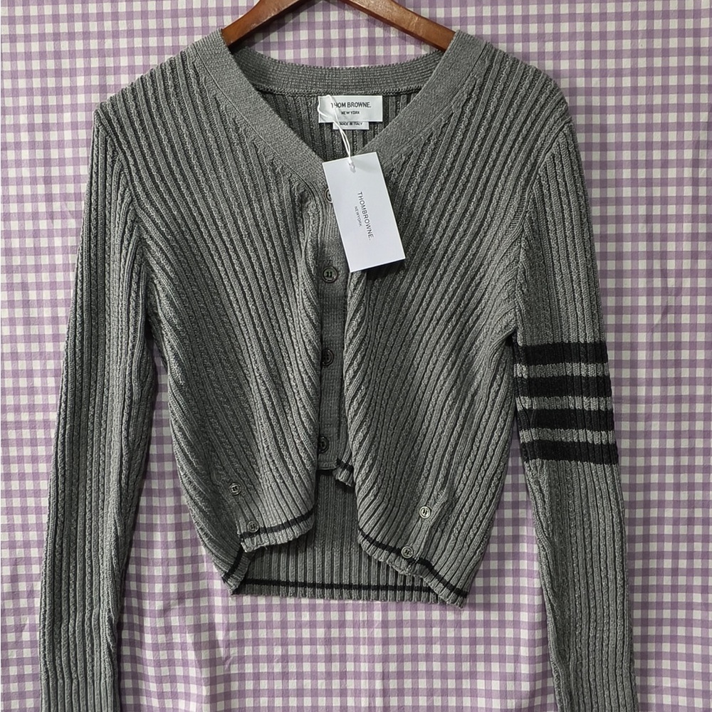 Thom Browne Gray Ribbed Knit Cardigan with Black Sleeve Stripes